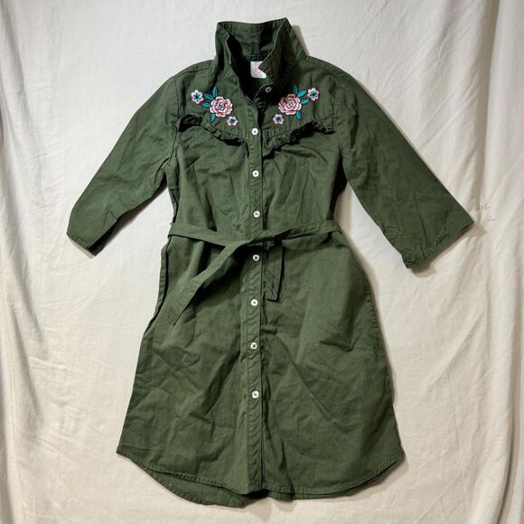 Preppy Dress Girls L Button Down Collared Shirt Olive Green Floral Embroidered